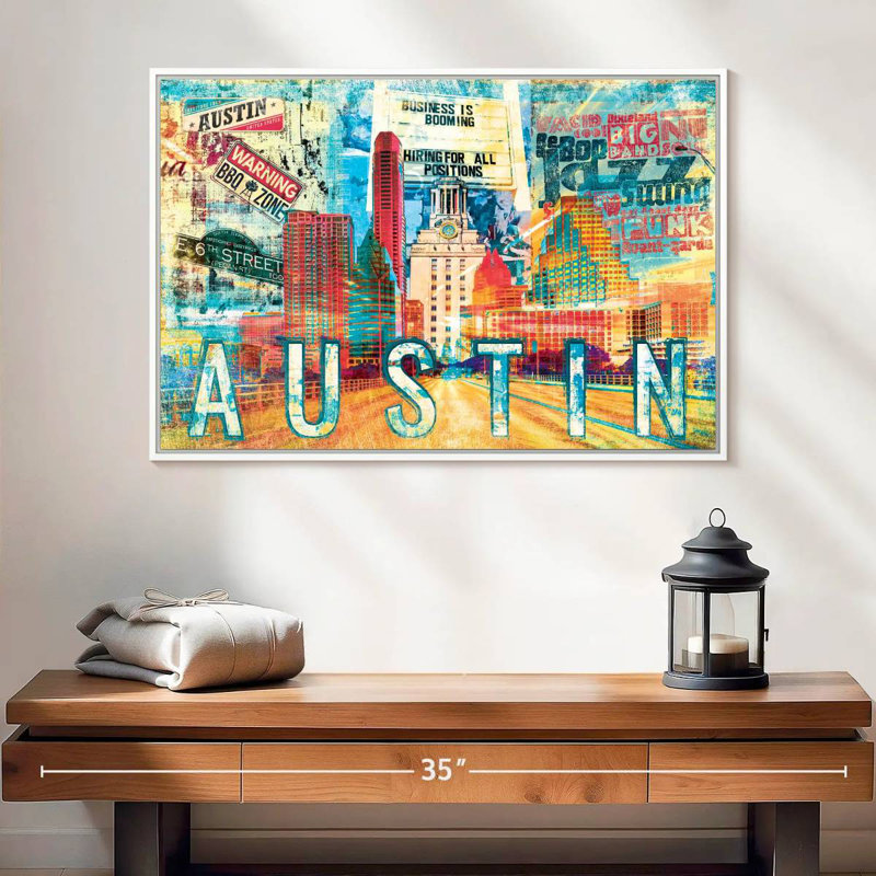 Road to Austin City Grunge, 25 po x 17 po, Cadre flottant blanc