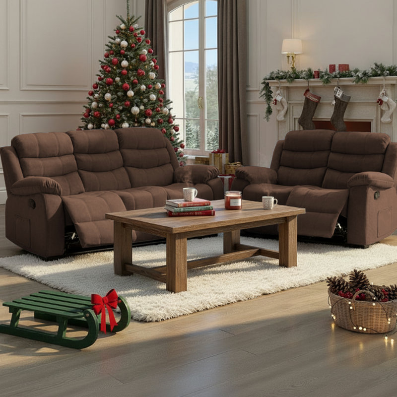 Varessa 2-Piece Upholstered Microsuede Reclining Sofa Set,Velvet Recliner Couch with Side Pockets,Home Theater Seating Living Room Sofa With 2+3 Seater,Brown												