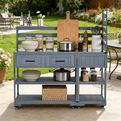 Chariot de cuisine pour îlot de cuisine en bois massif de 62,3 po avec plateau en acier inoxydable, banc de jardin avec tablette surélevée et tiroirs