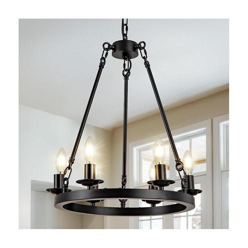 Mccormick 6-Light-Wagon Wheel Chandelier, Farmhouse Wagon Wheel Chandeliers For Dining Room, Round Chandelier For Living Room, Foyer, Entryway