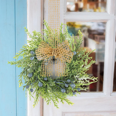 4 PCS Mini Blueberry Kitchen Cabinet Wreaths Artificial Spring Summer Farmhouse Hanging Wreaths Rustic Cedar Greenery Wreath with Burlap Bow for Front Door Cabinet Wall Window Wedding Home Decor