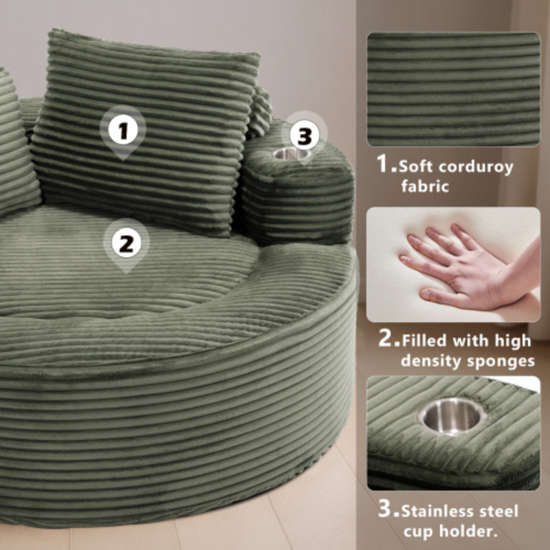 Canapé-lit 55,5 po en mousse viscoélastique ronde avec nuage, sans assemblage, 3 coussins, Vert