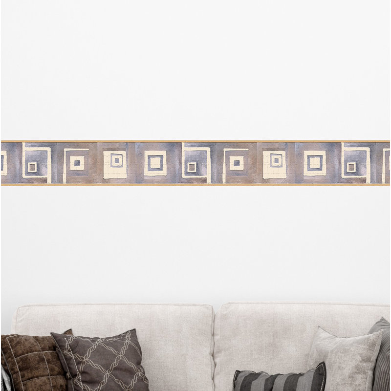 Bordure de papier peint à peler et coller - motif géométrique beige, bordure carrée mauve, motif rétro, 15 pi X 7 po, auto-adhésif