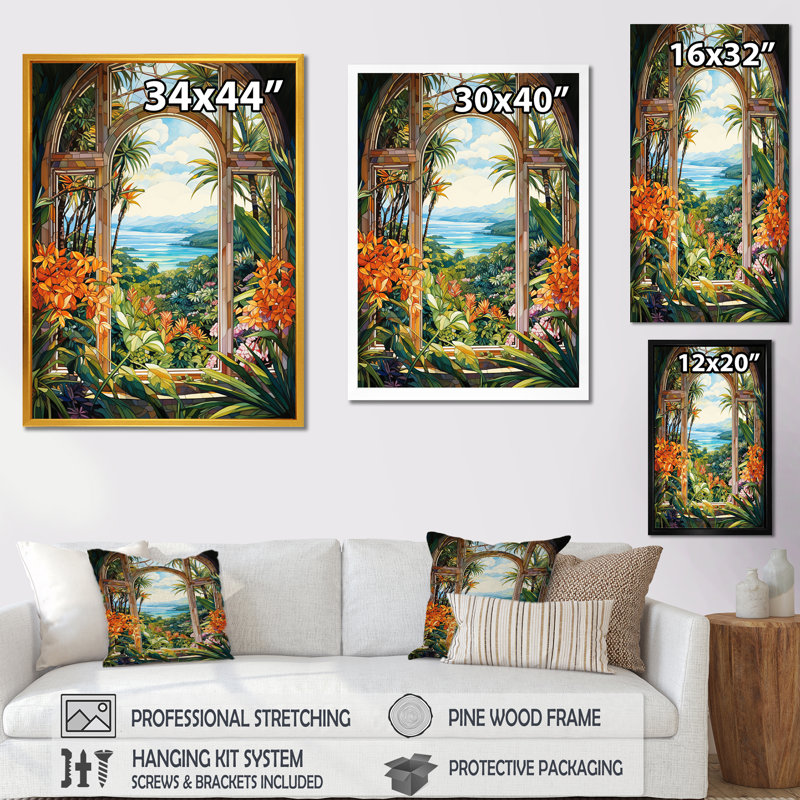 «Tropical Windows View Blooms 2», art mural floral abstrait, H 20 po x l 12 po x P 1 po, Cadre flottant brun