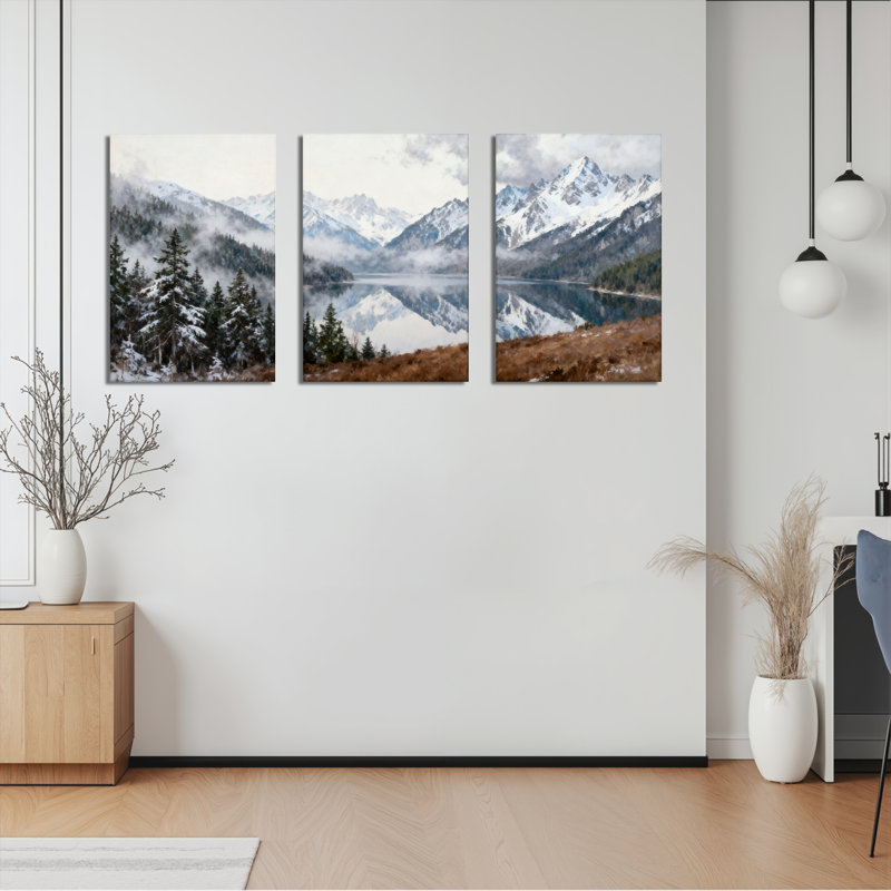«Snowy Mountain Reflection», impression sur toile tendue sur toile (ensemble de 3), H 30 po x l 60 po