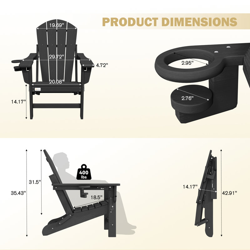 3-Level Adjustable Adirondack Chair, Wooden Textured HDPE All-Weather Folding Chair with Cup Holder for Outdoor Use at Poolside, Patio, Garden, Backyard, and Campfire, Black