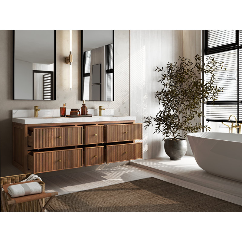 Sonoma Floating Teak 60'' Double Bathroom Vanity with Quartz Top