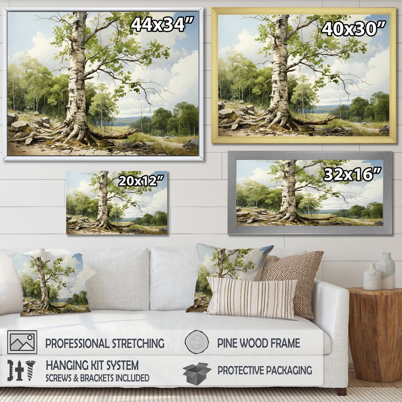 Birch Tree Forest Essence 2 - Art mural arbre, Cadre doré à coins fermés, H 12 po x l 20 po x P 1 po