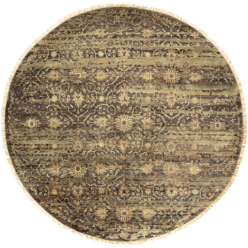 Empress Wool Damask Area Rug in Green, Round 8'