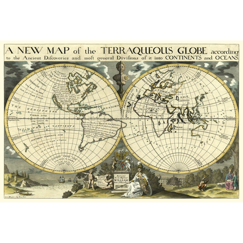 A New Map Terraqueous Globe, Oxford, 1700-1701 by Edward Wells - Painting Print, 81cm H x 122cm W, Wrapped Canvas