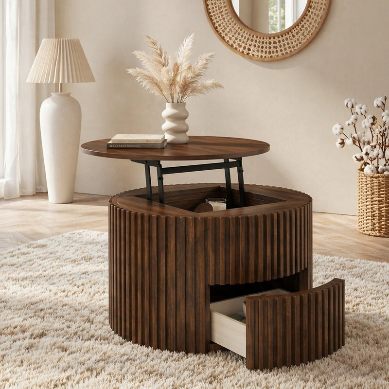 Table basse à plateau relevable VIBE HAUS, table d'appoint moderne en bois cannelé avec rangement caché pour le salon, Brun