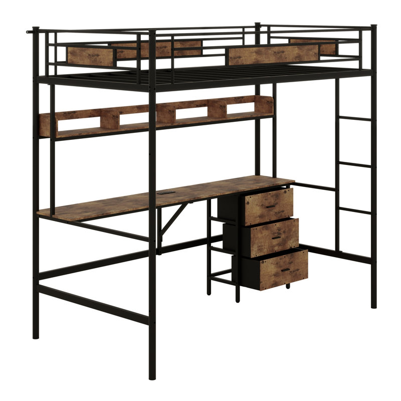 Loft Bed With L-Shaped Desk, Charging Station,  Drawers And Safety Guardrail