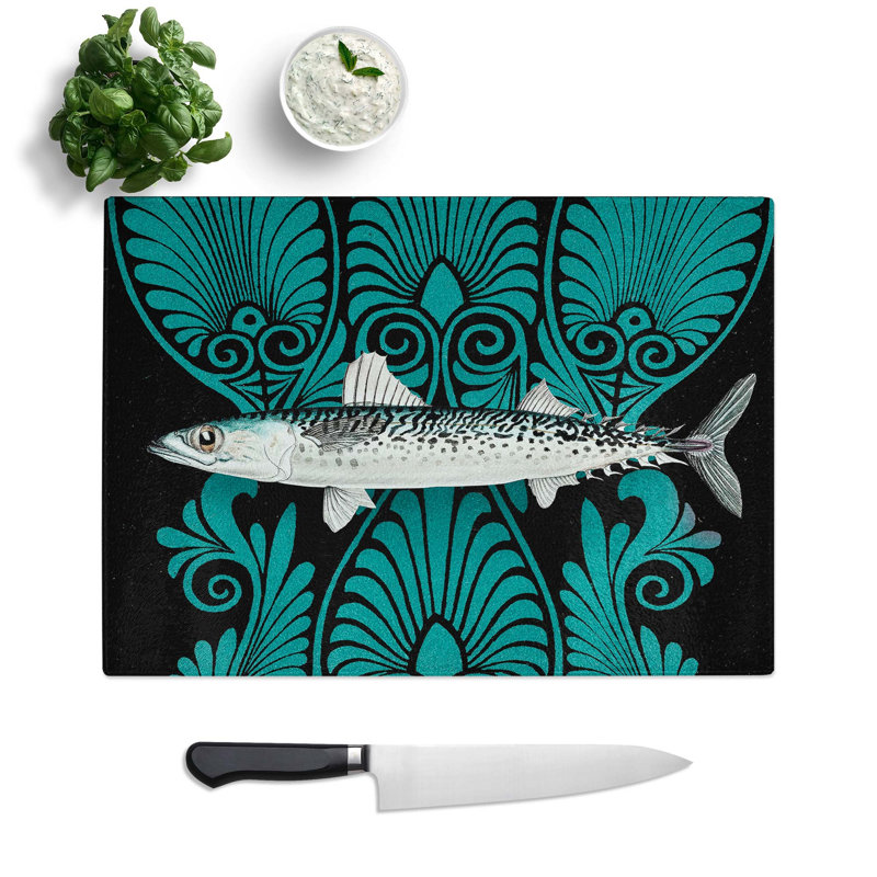 Glass Illustration of A Blue Mackerel by F.E. Clarke Chopping Board, 28.5 cm W x 20 cm L