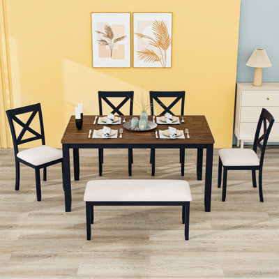 6-Piece Dining Table Set, Farmhouse Rectangular Table with Upholstered Chairs and Bench