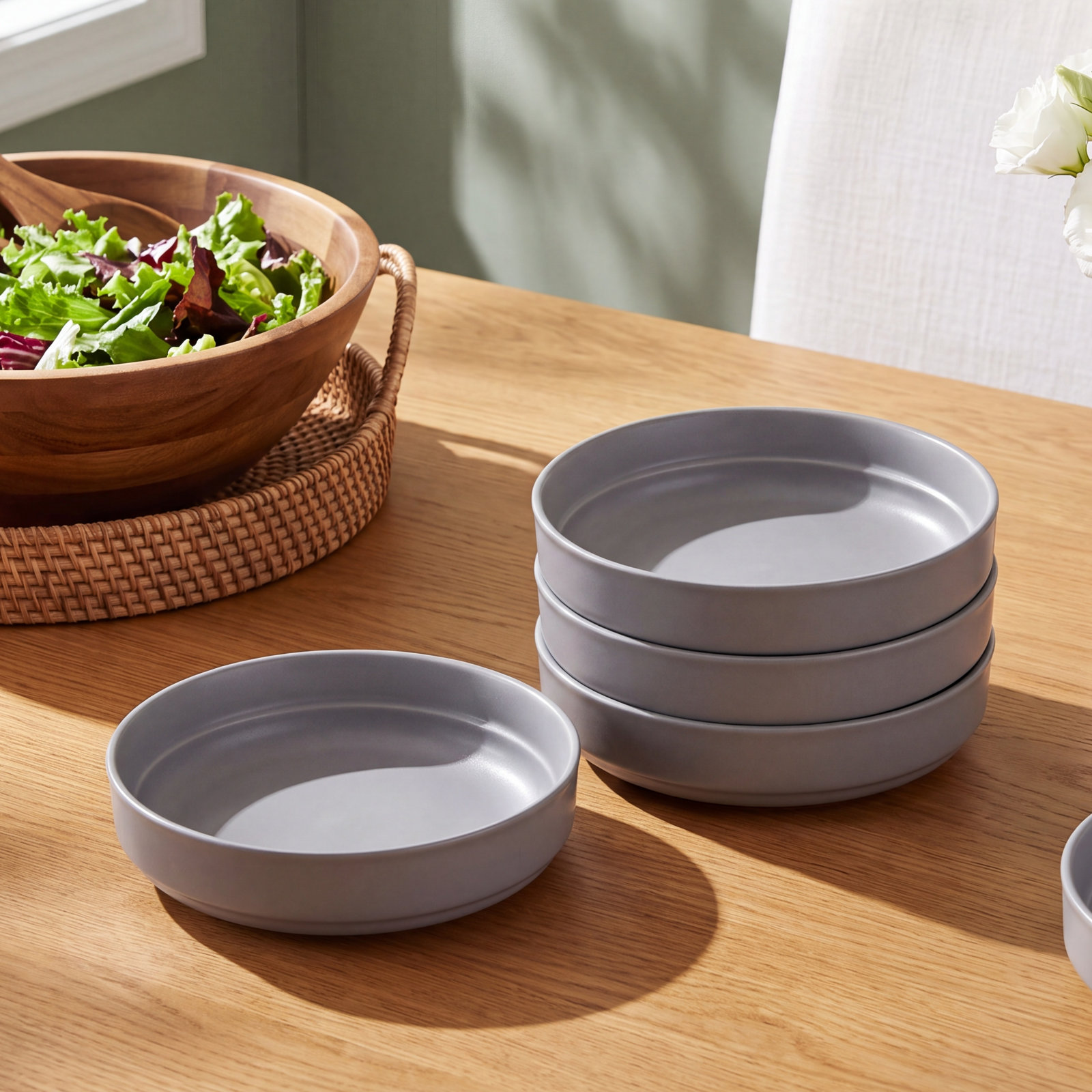 Rimmed Stoneware Pasta Bowl, Gray