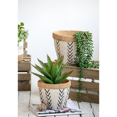 Pair Of White And Brown Cement Planters Featuring A Bold Black V Pattern, Large 10.2X10.2X7.9 Inches, Small 7.9X7.9X6.7 Inches - Great For Scandinavian Floral Setups 2 Made With Design, In, In