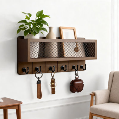 Wall Key And Mail Holder With Storage Basket, 6 Retro Hooks, Farmhouse Wall Mount Organizer For Entryway, Office, Home Decor
