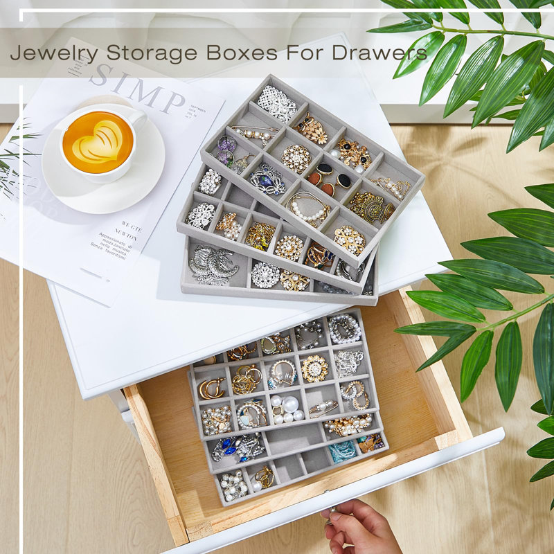 12 pièces de plateau à bijoux en velours empilable avec plateau de rangement pour bijoux et boucles d'oreilles divisées (gris)