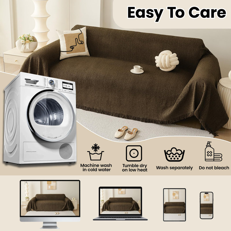 Pet-Friendly Waterproof Couch Cover with Tassel, Brown 71"x102", Khaki, 102.36" W x 70.86" D