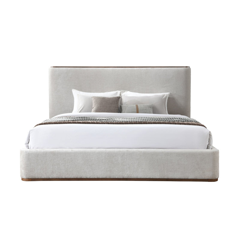 Grand lit en tissu gris avec support rembourré de 13 lattes en mousse