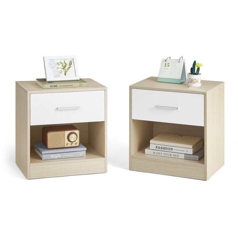 Meraya 39cm W Manufactured Wood Bedside Table, Natural Beige/Classic White