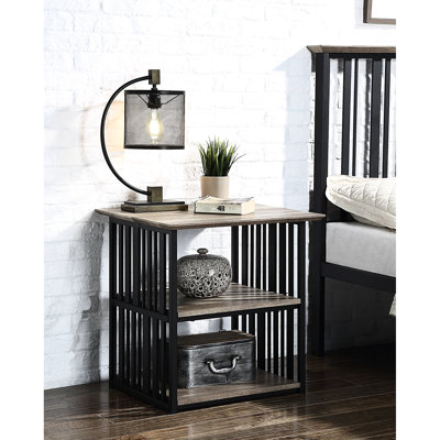 Table de chevet, Essence industrielle, finition chêne antique et noir, 2 ouvert, placage de papier, composant en métal, capacité de 100 lb, espaces, métal thermolaqué, Max