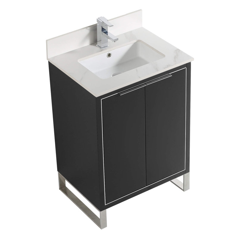 Meuble-lavabo simple autoportant de 24 po avec plateau en pierre Minday, Noir mat, Chrome