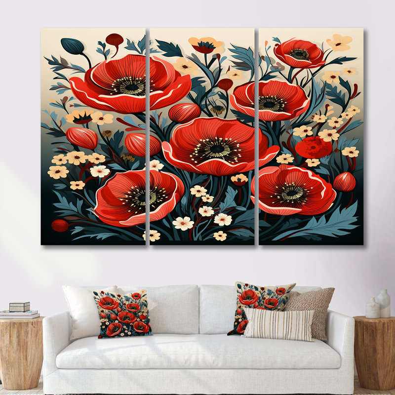 Coquelicots rouges dans la prairie - Illustration rétro - ensemble d'art mural coquelicots, Toile tendue