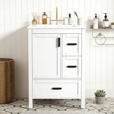 Meuble-lavabo de 24 po avec lavabo en céramique, porte à fermeture en douceur, tablette de porte double couche et 3 tiroirs