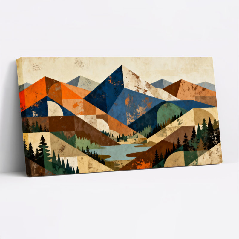 Ensemble de 1 tableau sur toile tendue représentant un paysage de montagne géométrique, H 24 po x l 48 po