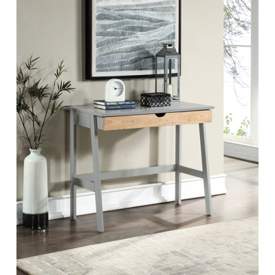 Bureau gris/naturel en bois massif avec tiroir extensible, modèle table d'étude à domicile et patins métalliques