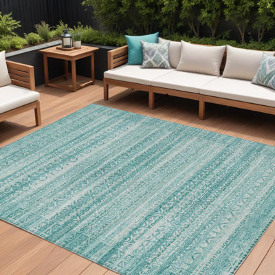 Tapis intérieur lavable rayé turquoise et ivoire 8 pi x 10 pi