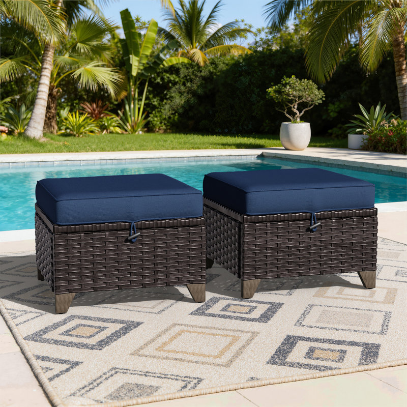 Blitzen Wicker Outdoor Ottomans with Removable Cushions（Set of 2）, Blue