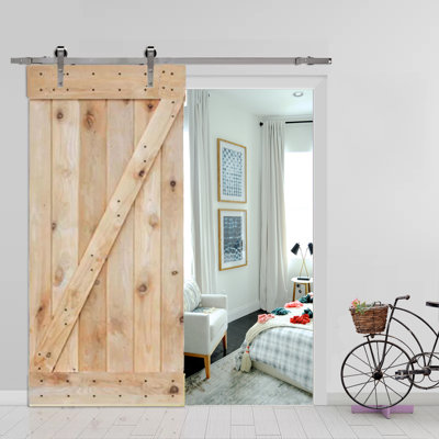 Panelled Wood Unfinished Knotty Barn Door with Installation Hardware Kit