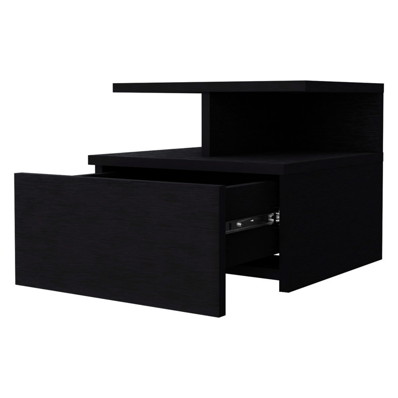 Table de chevet flottante noire avec 1 tiroir et 2 tablettes fabuleuses et durables, Noir
