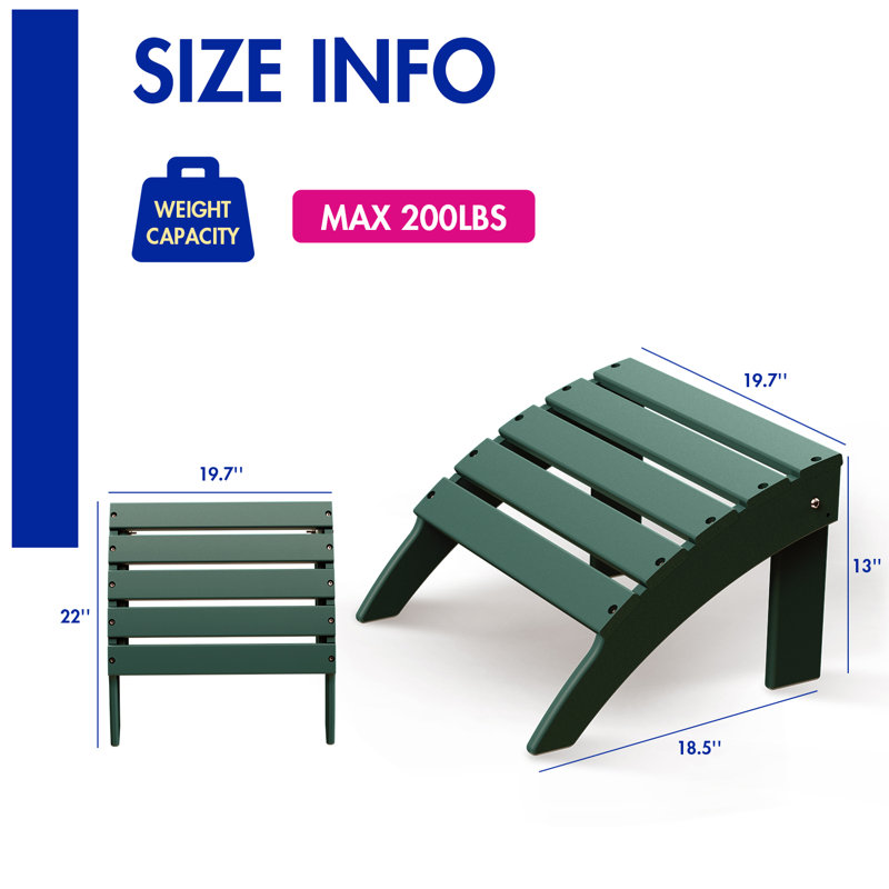 Adirondack Ottoman, HDPE Weather Resistant Adirondack Chair Footrest, Forest