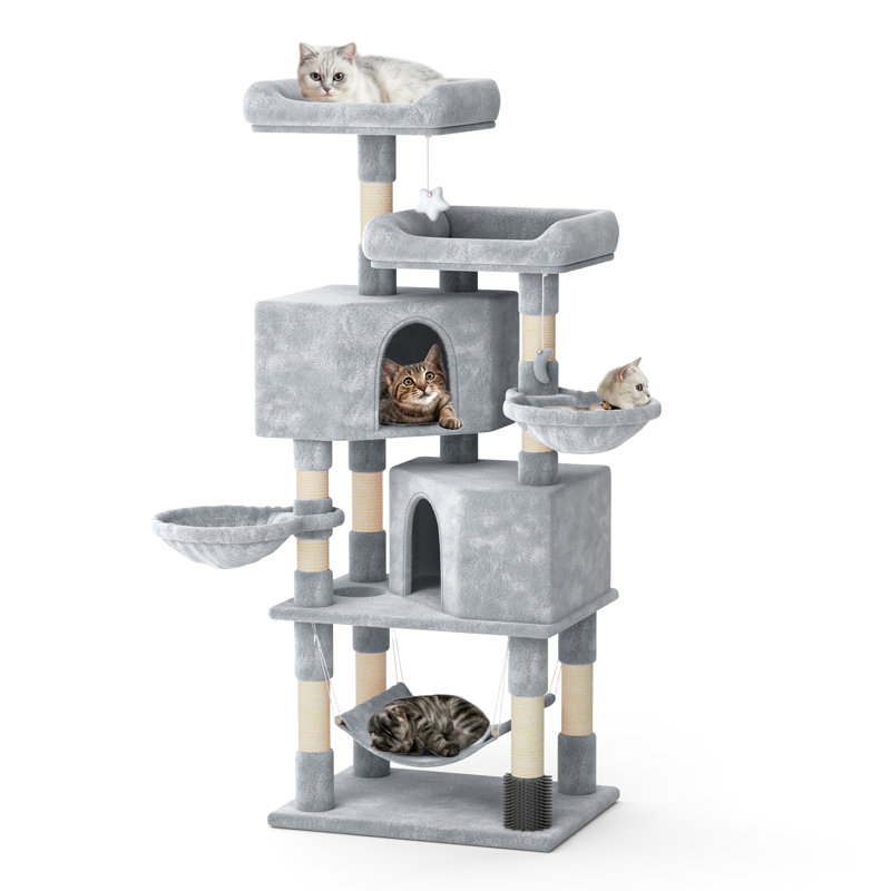 57.5" Large Multi-Level Cat Tree With Sisal Posts, 2 Cubbies, 2 Perches, And 3 Hammocks For Indoor Cats, Grey