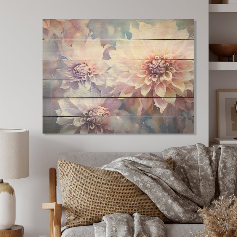 Rêves de dahlia moderne mauve - art mural en bois de dahlia sur bois de pin naturel, H 30 po x l 40 po