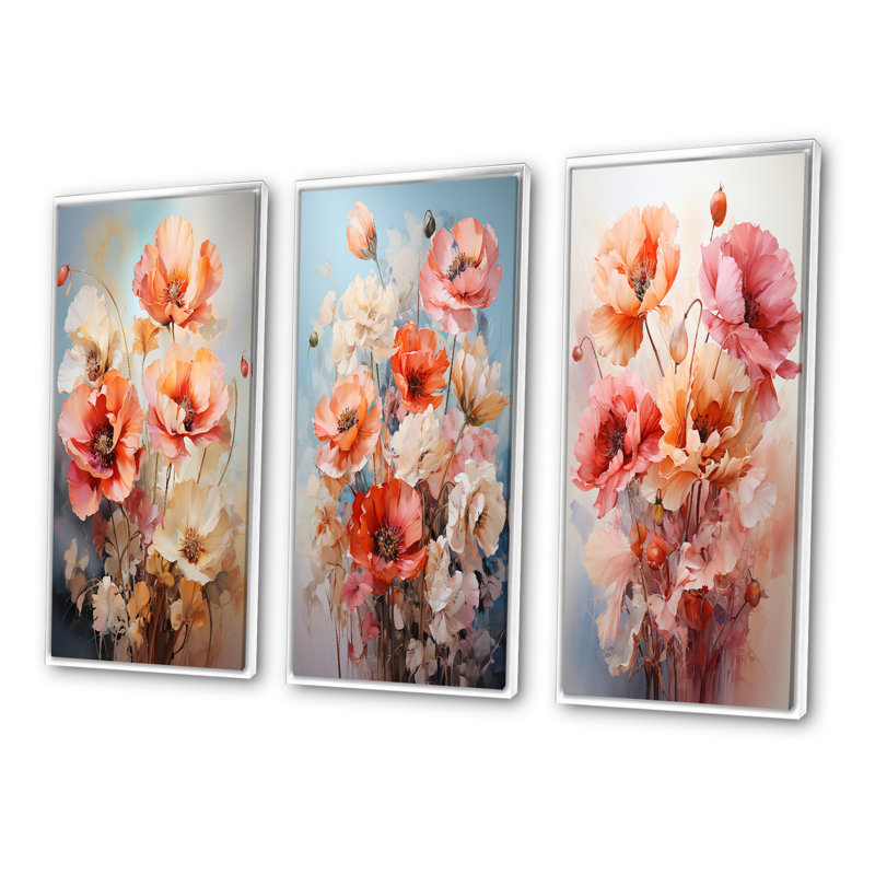 «Coral Poppies Romantic Impression», 3 pièces, Cadre flottant blanc, H 28 po x l 36 po