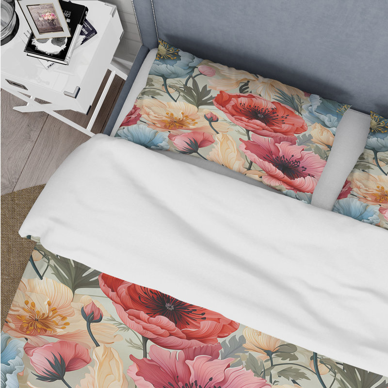 Ensemble de housse de couette rouge et beige Poppy Mosaic Melody, Housse de couette simple + 1 taie décorative stan