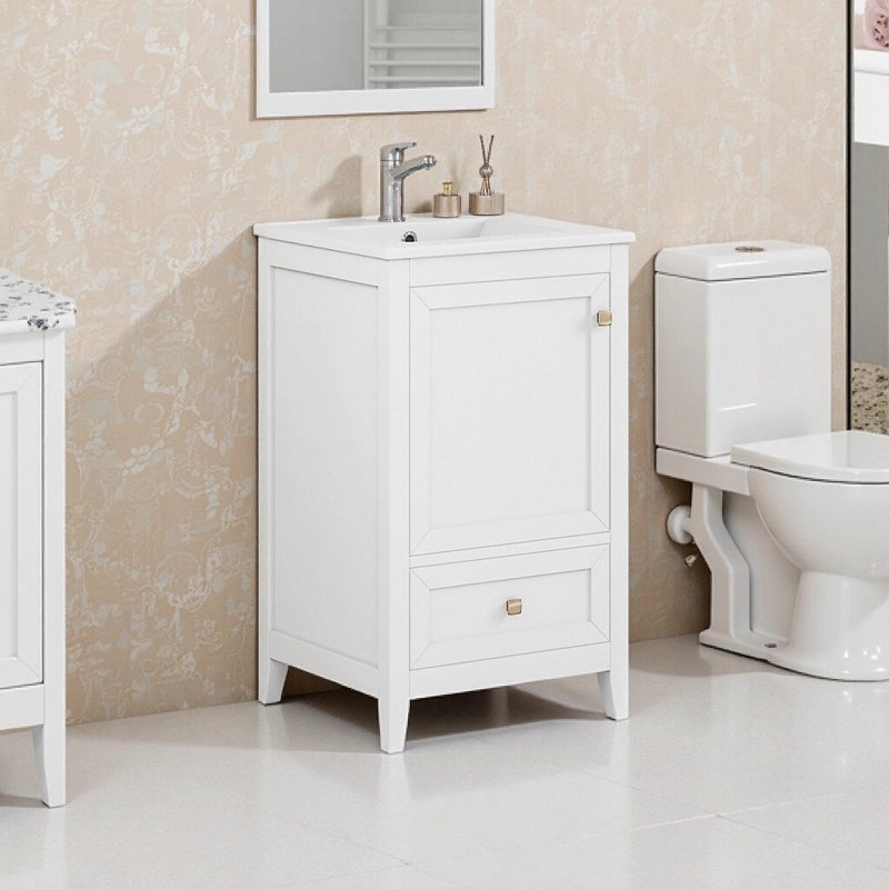 Meuble-lavabo moderne de 20 po avec lavabo en céramique, porte à fermeture douce, support de rangement et tiroir - blanc