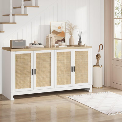 Rattan Accent Storage Cabinet with 4 Doors and Shelf Modern Console Coffee Bar Cabinet White 61.42in x 15.75in x 31.5inH For Dining Room Kitchen Living Room Entryway Home Decor