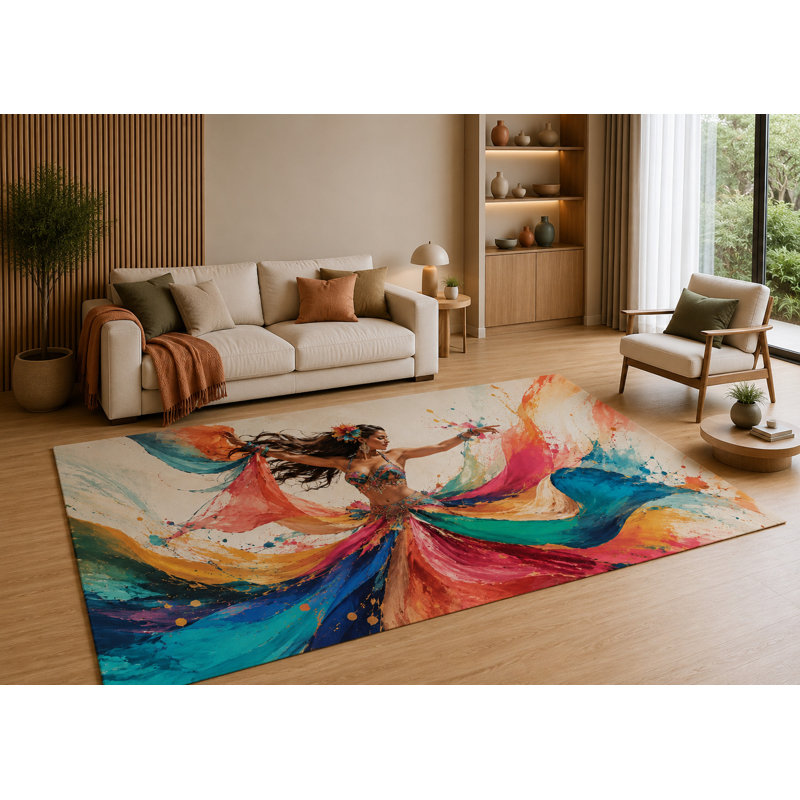 Tapis ultra-léger 152 x 213 cm, motif abstrait coloré avec danseuse, envers antidérapant en silicone, doux et à poils courts, idéal pour salon, chambre, studio, style bohème et artistique.