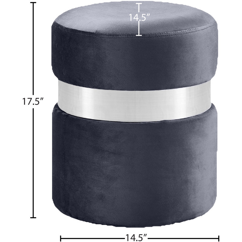 Hailey 14.5" Wide Velvet Round Cocktail Ottoman, Grey Velvet, Chrome