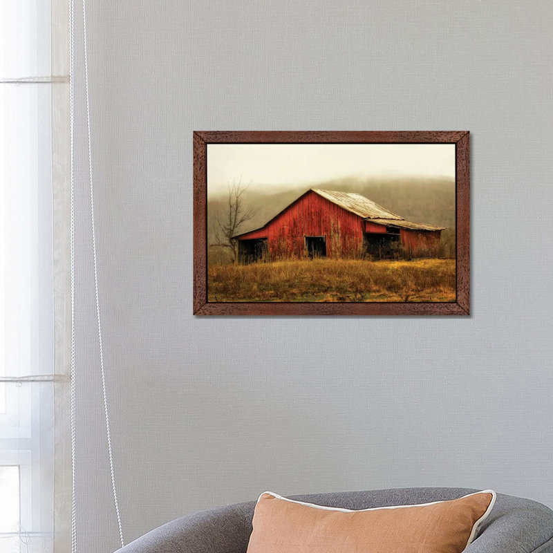 Skylight Barn In The Fog by Andy Amos - Floater Frame Print on Canvas, 66.04 cm H x 45.72 cm W, Brown Framed