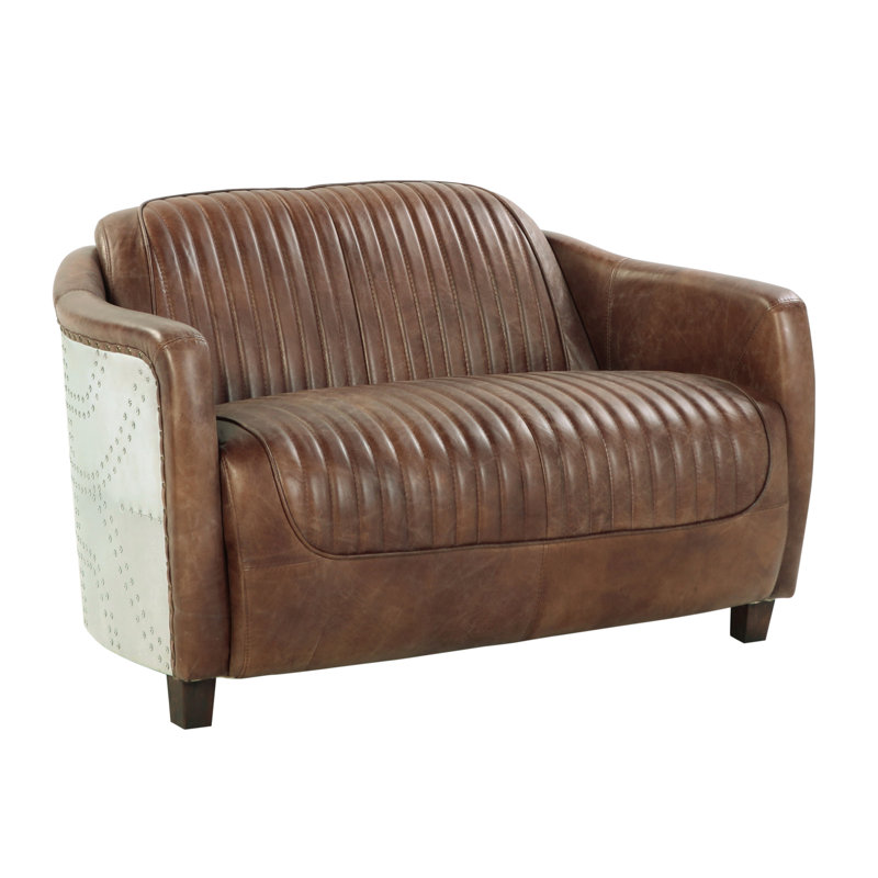 Assembled Brancaster Chair, Retro Brown Top Grain Leather & Aluminum, Industrial Style, 30" H x 50" x 37" D , Brown