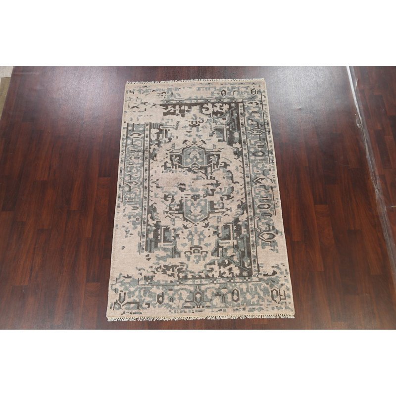 Tapis gris / ivoire noué à la main de conception unique 5 pi x 7 pi 10 po New Age