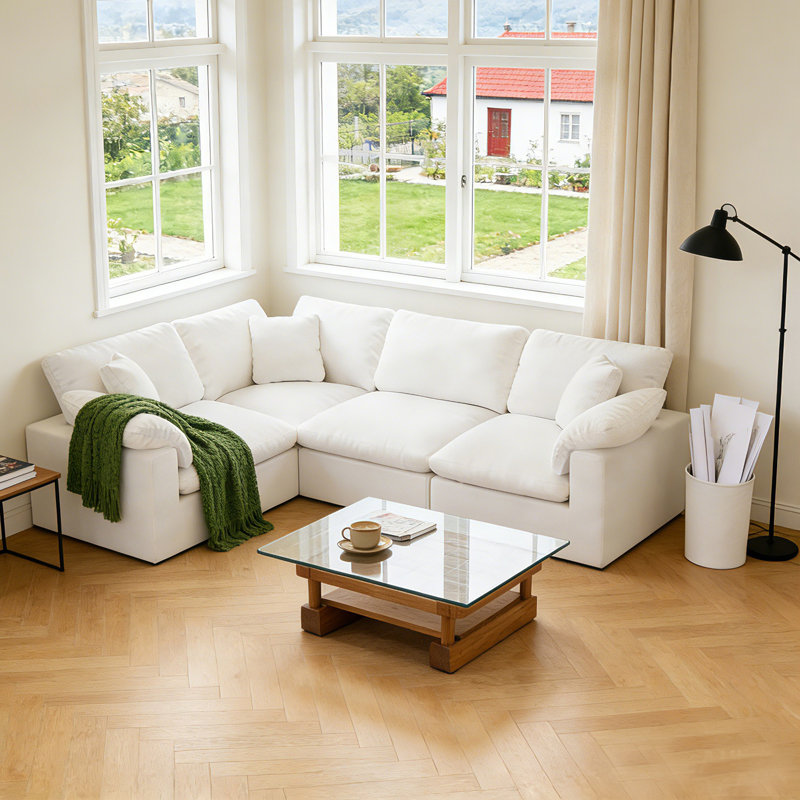 Canapé en tissu Hidehisa, H 25,2 po x l 110,8 po x P 64,9 po, 4, Blanc