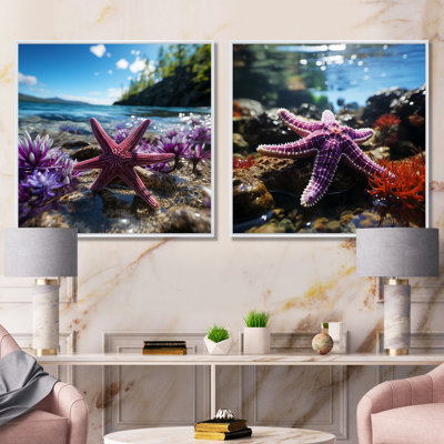 «Beachside Coral Starfish Photo I - Coastal Beach», ensemble de 2 reproductions d'art sur toile