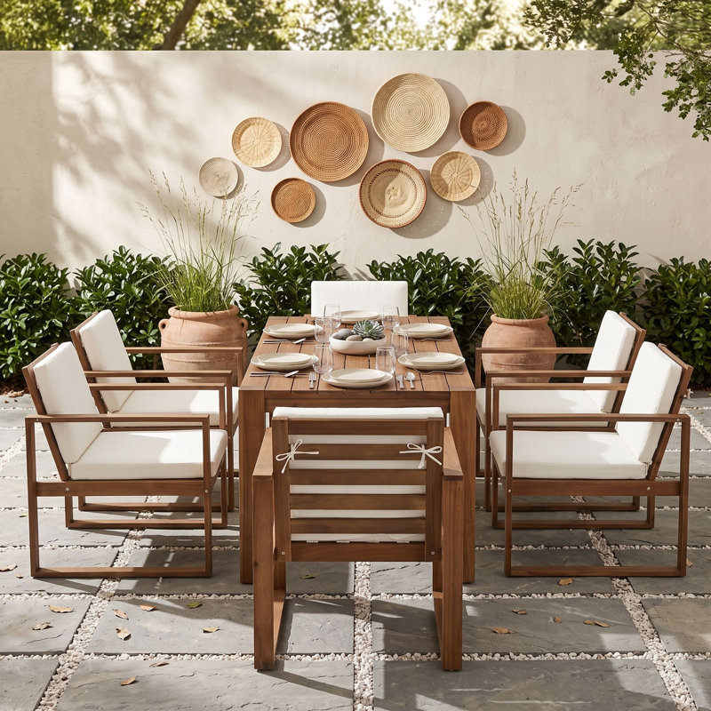 Ensemble repas d'extérieur 7 pièces en bois d'acacia avec coussins, trou pour parasol pour jardin et piscine, Moka